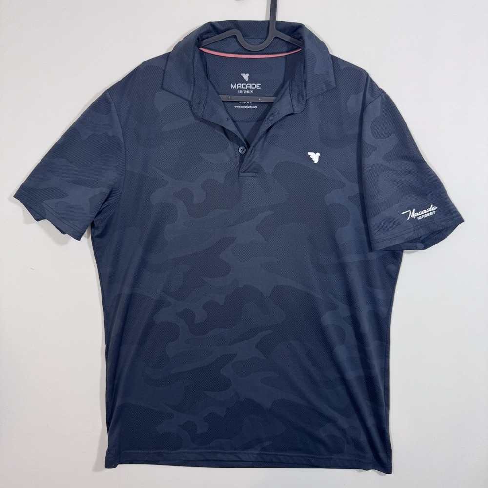 Macade Golf Polo Shirt Mens Large Black Gray Camo Performance Stretch Quick Dry
